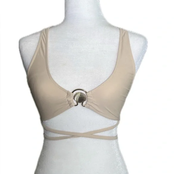 NWT PrettyLittleThing Beige Tan Stone Halter Neck Shell Trim Bikini Top UK4 US0 - Picture 5 of 10